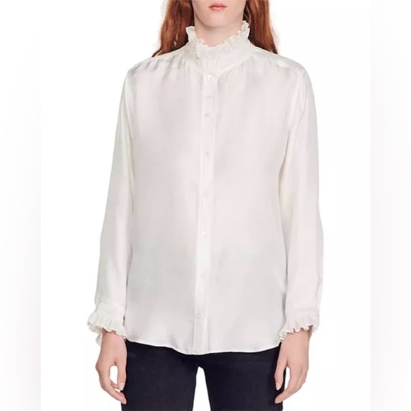 SANDRO 100% SILK SHIRT WITH GATHERED COLLAR / Size 0